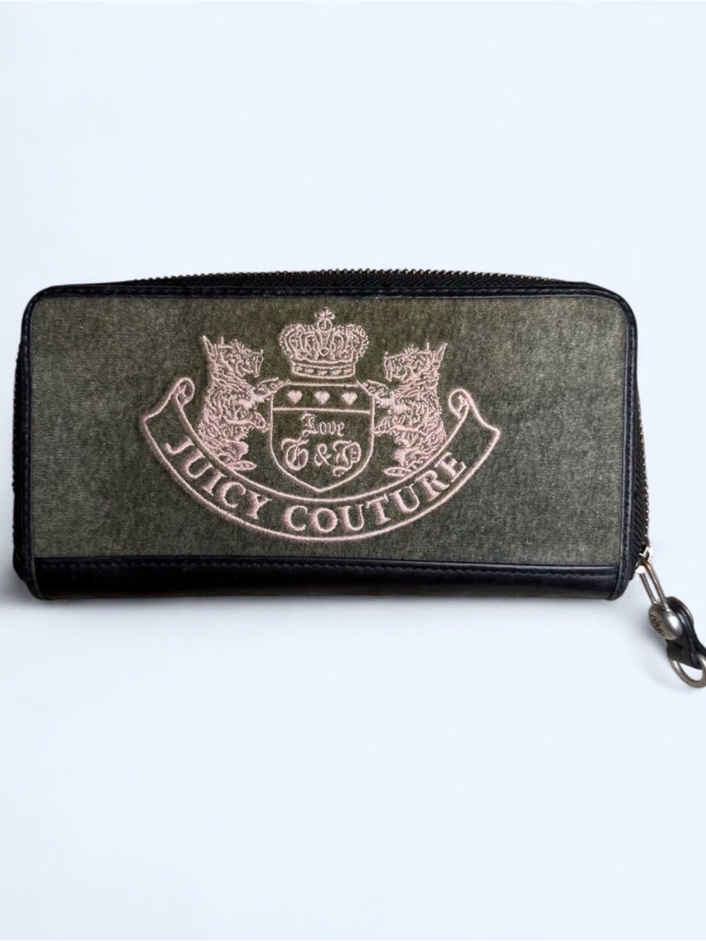 Juicy Couture Olive Green Wallet with Pink Crest Embroidery